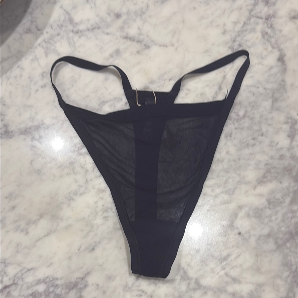 SKIMS Black Mesh Thong with Strap Accent